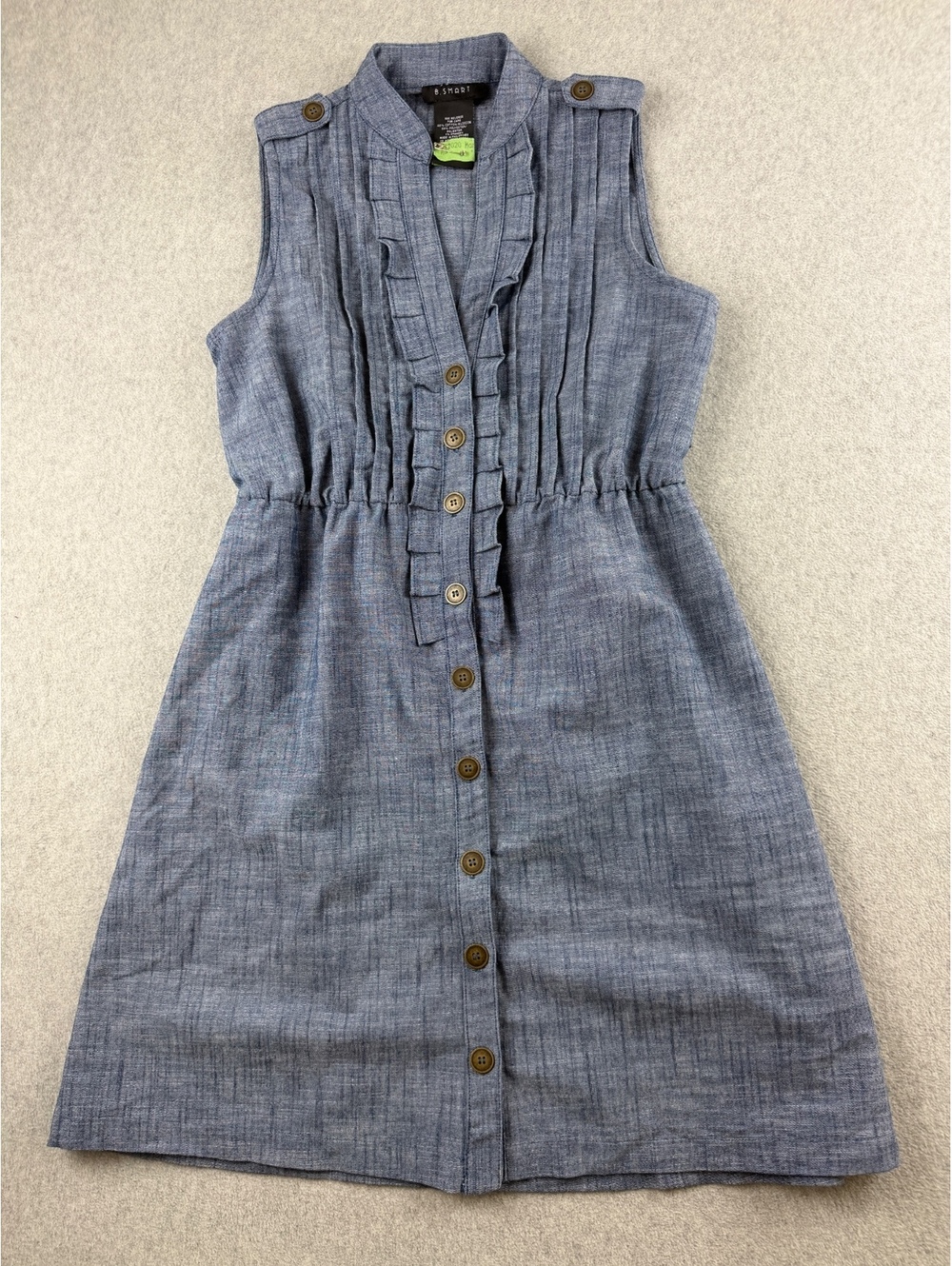 B. Smart Blue Sleeveless Button-Up Dress with Ruffle Detail Size 4